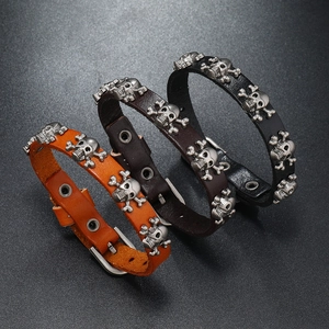 Punk Rock Skull Leather Bracelet For Men Adjustable Alloy Belt Buckle Cuff Bangle Vintage Goth Skeleton Rivet Wristband Jewelry