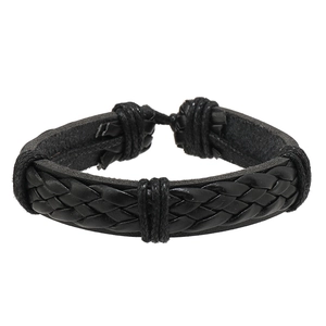 Close-up of woven black leather bracelet with adjustable sliding knot fastener detail