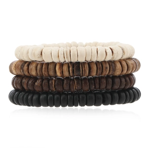 Bohemian multi-layer wooden beaded stretch bracelet set with natural coconut shell discs