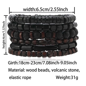 Detail view of multi-layer wood bead bracelet showing sizes and volcanic stone textures