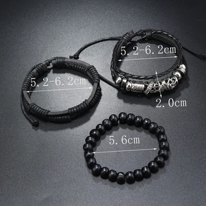 Detail showing dimensions of men's multilayer beaded wood and leather skull bracelet set