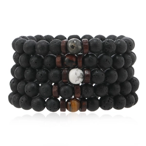 Set of 5 elastic bead bracelets with lava stone, tiger eye, and wooden spacers