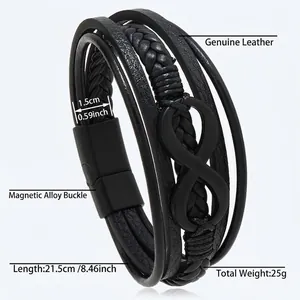 Detail of multi-layer leather braid with black infinity symbol and magnetic alloy clasp