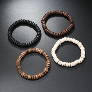 Multilayer stretch bracelets featuring natural wood and coconut shell beads in four earthy tones