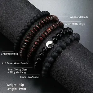 Detail of 5-layer men's bracelet with lava stone, wood beads and yin yang charm