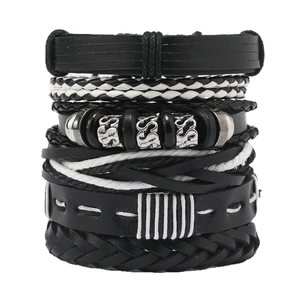 Men's multilayer braided leather bracelet set in black and white with metal beads