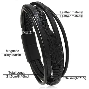 Détails des dimensions du bracelet en cuir noir avec pendentif plume et fermoir magnétique