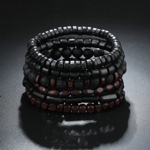Men Vintage Handmade Wood Bead Bracelet With Volcanic Lava Stone Multi-Layer Elastic Beaded Bracelet Retro Ethnic Jewelry