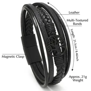 Détail du bracelet en cuir multicouche montrant la longueur de 21,5 cm et l'arbre de vie