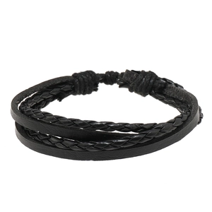 Detail view of 12-piece black multilayer braided leather bracelets with adjustable sliding cord