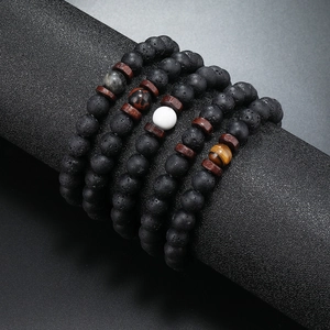 Men's stackable volcanic rock and tiger eye beaded bracelets with wood spacers