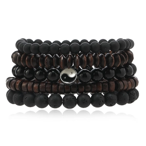 Five-piece set of natural stone and wood bead bracelets with Tai Chi Yin Yang charm