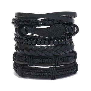 Black multilayer leather bracelet set for men with braided ropes and wing charm