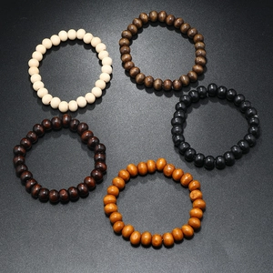 Set of 5 elastic wooden bead bracelets with 8mm beads in multi-color natural wood tones