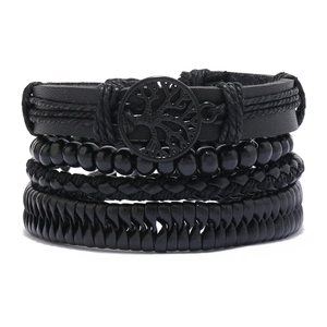 Men's retro multi-layer leather bracelet set featuring a black tree of life charm detail