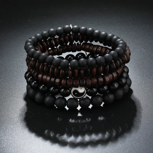 Handmade Natural Stone Wood Bead Bracelet Set For Men Women Multi-Layer Tai Chi Ethnic Style Jewelry Elastic Bead Hand Chain