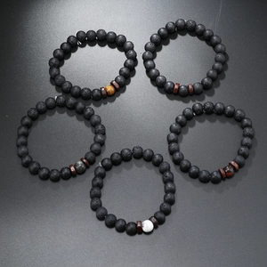 Five-piece volcanic lava rock beaded bracelet set with tiger eye and wood spacer beads