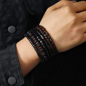 Men's retro multi-layer stretch wooden bead bracelet set with black volcanic stone accents