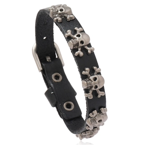 Punk black leather skull bracelet with vintage silver studs and adjustable metal buckle