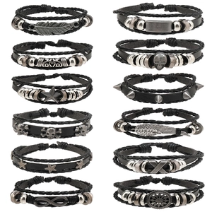 Collection de Bracelets Punk en Cuir Synthétique pour Hommes Vintage Tressé Alliage Tête de Mort Pentagramme Plume Multicouche Bijoux Rétro
