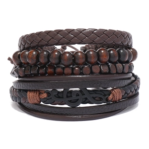 Retro multi-layer leather bracelet set with wooden beads and musical note charm