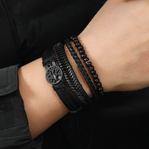 Men's retro black multi-layer leather bracelet set with tree of life metal charm