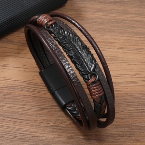 Bracelet multicouche en cuir pour homme avec plume en alliage de zinc noir et fermoir magnétique