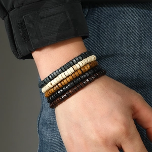 Men's five-piece layered wooden beaded bracelet set in diverse natural earthy tones