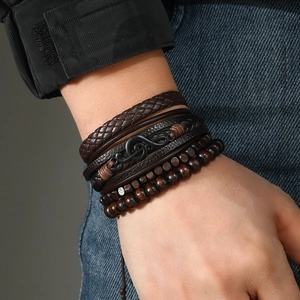 Vintage multi-layer leather bracelet set with musical note and brown wood beads