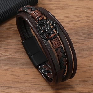 Bracelet multicouche en cuir tressé pour homme avec arbre de vie et fermoir magnétique
