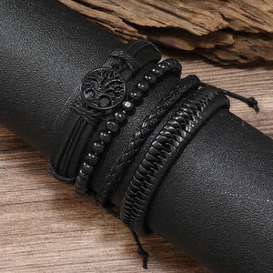 Men's multilayer vintage black leather bracelet set with tree of life charm detail