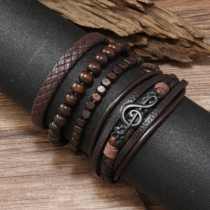 Retro multi-layer leather bracelet set with musical note charm and wooden beads