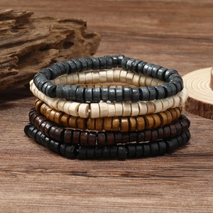 Retro Men Wood Beaded Bracelet Multi-Layer Handmade Elastic Wood Bead Wristband Ethnic Style Vintage Men Jewelry Accessories