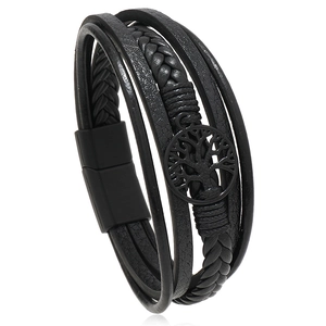 Bracelet multicouche en cuir noir pour homme avec breloque arbre de vie et fermoir magnétique