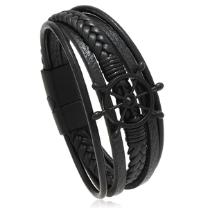 Men's black multilayer leather bracelet with rudder charm and magnetic buckle