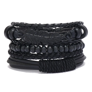 Men's dark gothic multi-layer leather bracelet set with feather charm and black beads