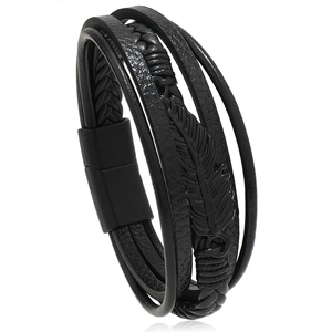 Bracelet multicouche en cuir noir pour homme avec breloque plume et fermoir magnétique
