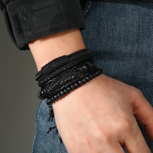 Men's gothic feather charm multilayer leather bracelet with black wooden beads