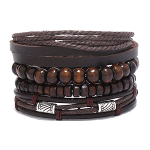 Multilayer vintage leather bracelet with wooden beads and engraved metal charms for men