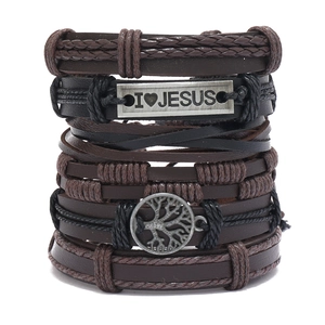 Retro multi-layer leather bracelet set with tree of life and I Heart Jesus metal plate