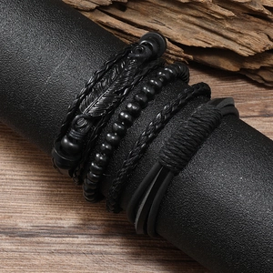 Men's vintage black multilayer leather bracelet set with feather charm and wooden beads