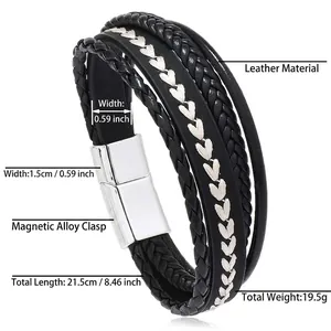 Detailed view of multilayer black leather bracelet showing alloy magnetic clasp and dimensions
