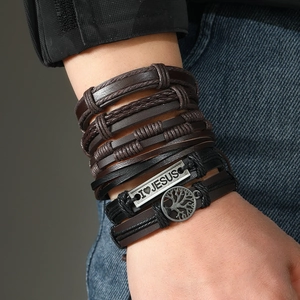6-piece set of woven leather bracelets with Tree of Life and Jesus metal plate charms