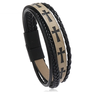Men's retro multi-layer braided leather bracelet with cross patterns and magnetic clasp