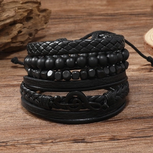 Vintage Men Leather Bracelet Music Note Treble Clef Charm Braided Multi-layer Beaded Wristband Brown Black Men Jewelry