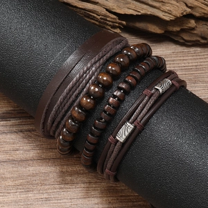Multilayer vintage leather bracelet with wooden beads and engraved metal charms for men