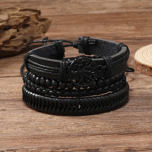 Vintage Multilayer Leather Bracelet Set For Men Tree Of Life Handwoven Cord Wood Beads Adjustable Punk Bracelet Jewelry Gift