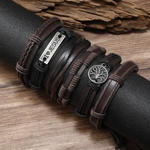 Men's multi-layer leather bracelet set with Peace Tree and I Love Jesus metal charms