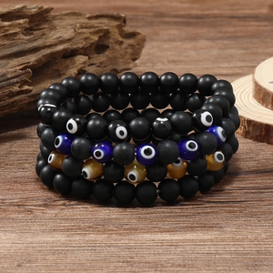 Men Beaded Bracelets Lava Stone Evil Eye Bohemian Style Elastic Cord Jewelry Adjustable Fashion Gift