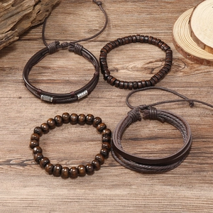 Vintage multilayer leather bracelets for men featuring wood beads and metal tube accents